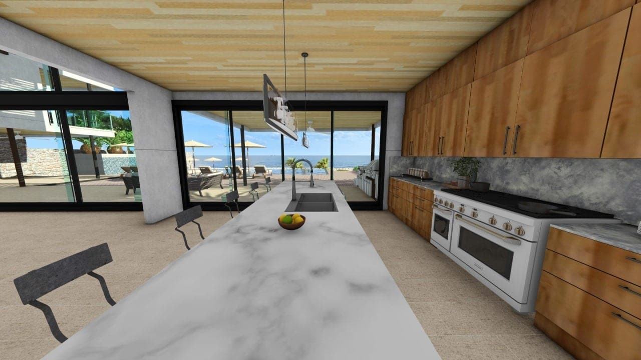 Rendering of an open kitchen with a marble island and glass walls opening to the ocean