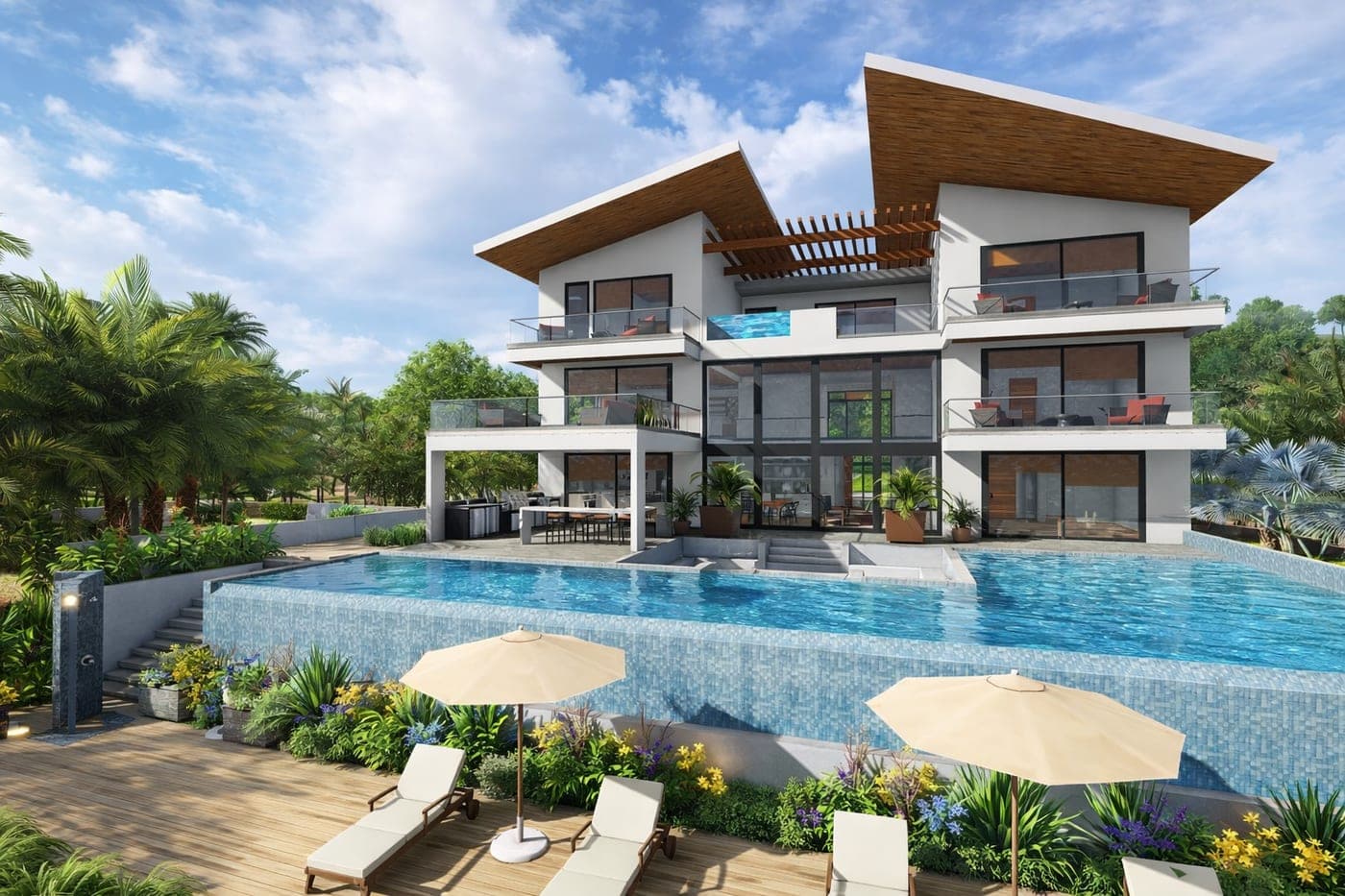 Rendering of the residence's infinity pool, sun deck and loungers among tropical gardens