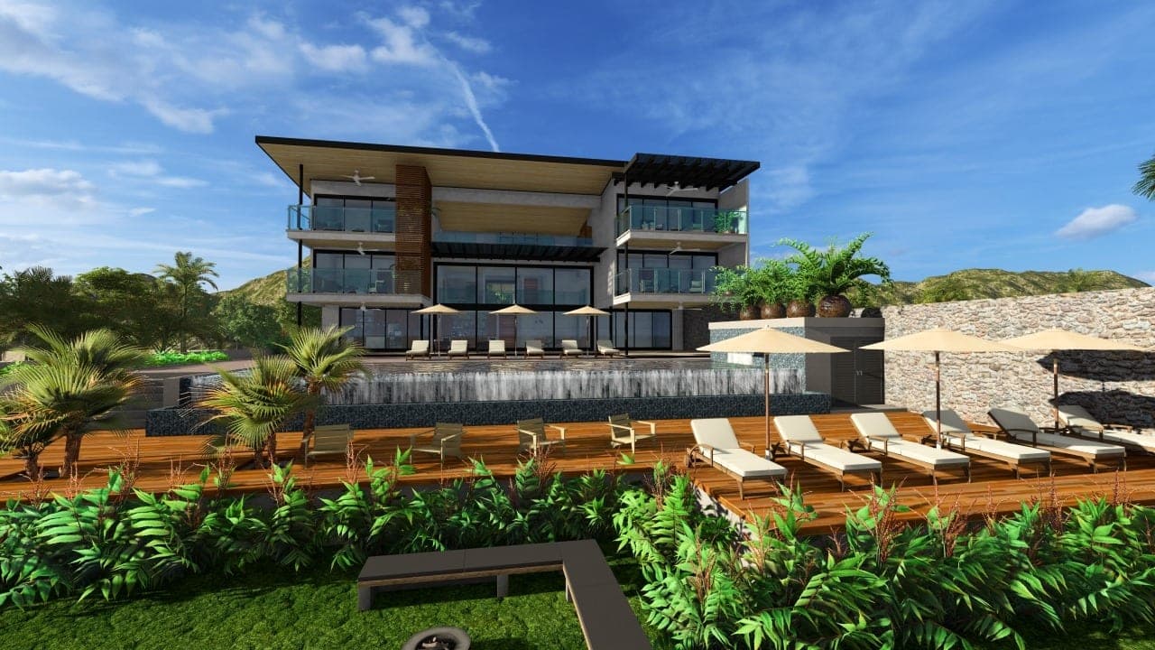 Rendering of a multi-level Hermosa Real residence with a pool deck and ocean-facing terraces