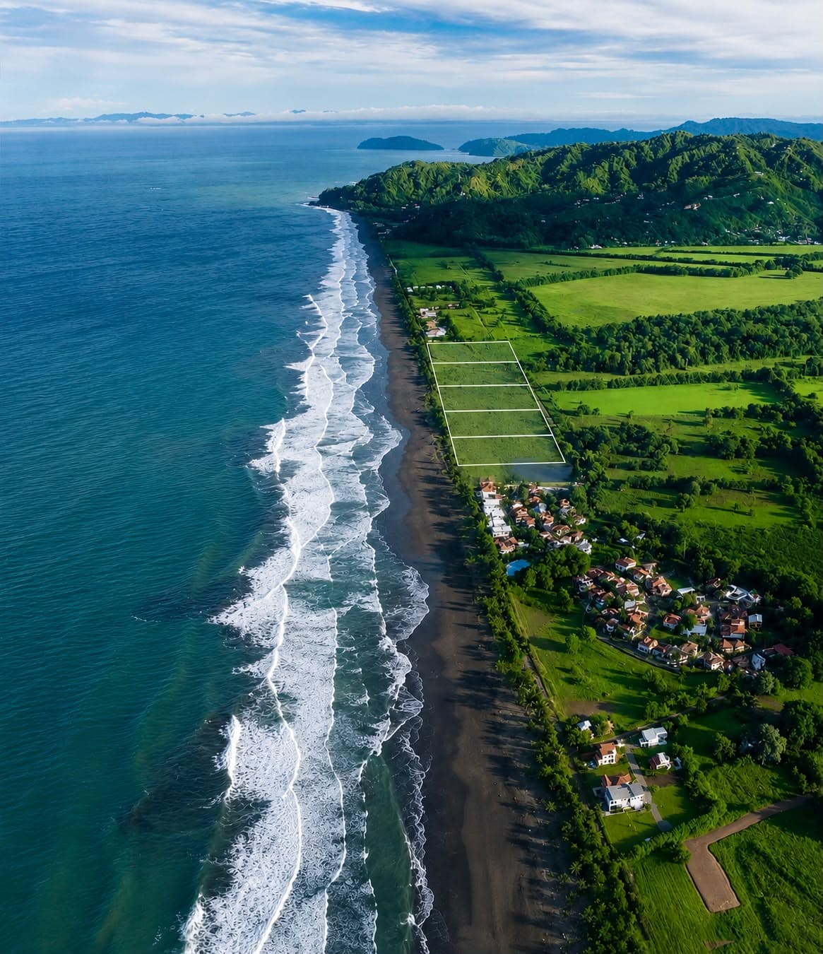 Aerial view of the Playa Hermosa coastline with the Hermosa Real lots along the beach